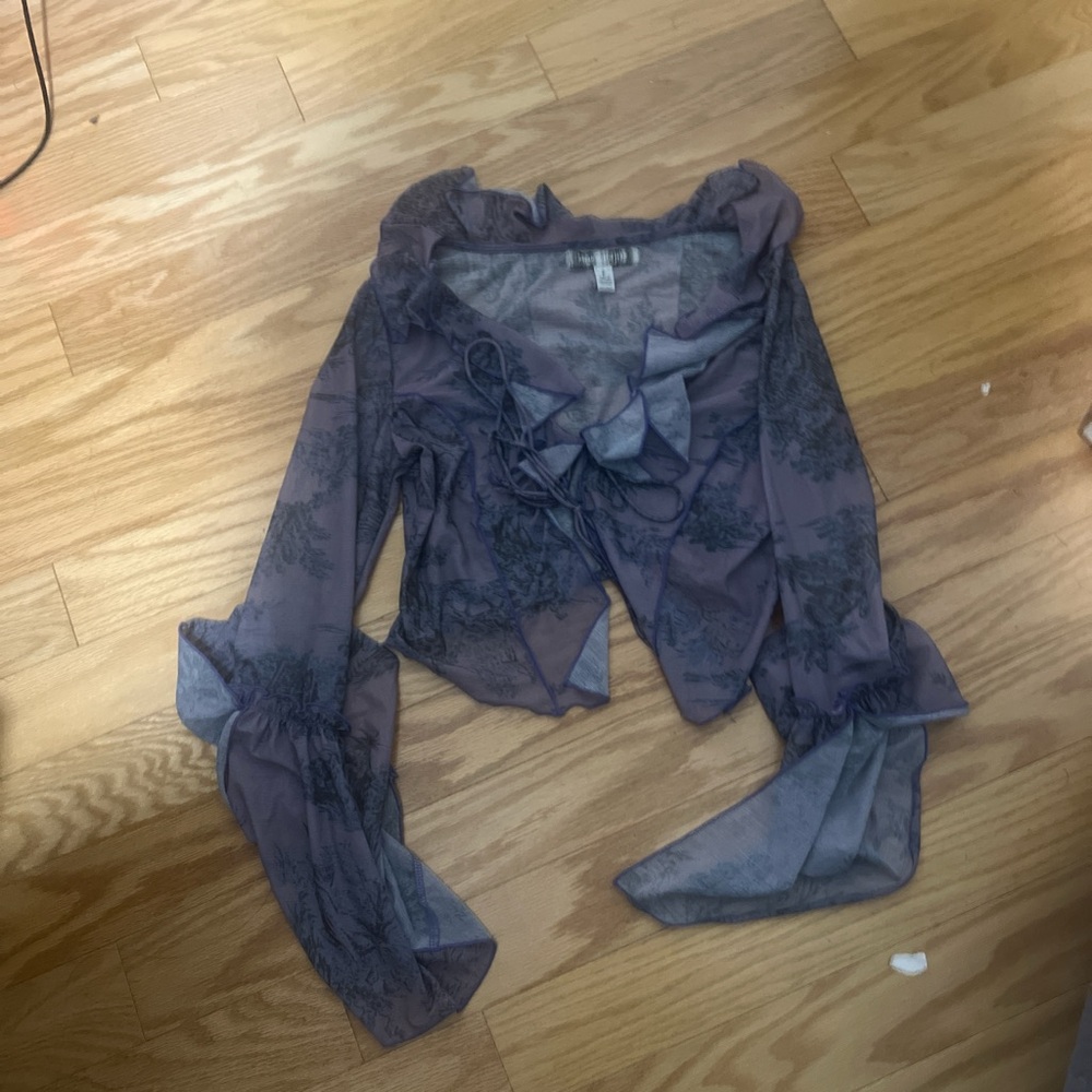 Purple sheer whimseygoth fairycore front tie corset top with ruffles blouse - Picture 3 of 4